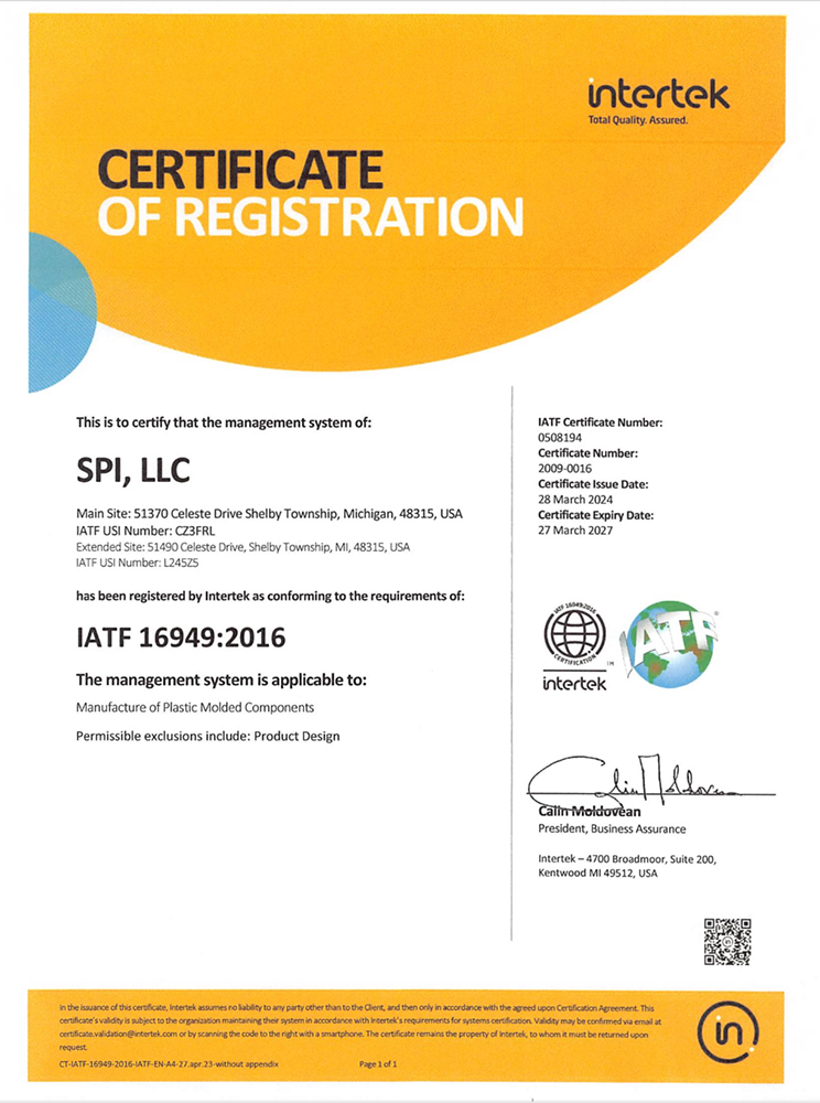 SPI, LLC IATF 16949:2016 certificate